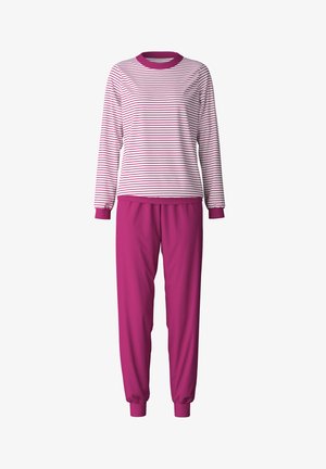 T-shirt à manches longues rayé en rose et blanc avec un col rond, assorti à un pantalon rose uni fuselé, doté de poignets et d'une taille élastiques.