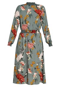 Abito lungo a maniche lunghe in tessuto verde, decorato con fiori rosa, rossi e gialli. Collo e vita arricciati, polsini gathered, forma A-line.