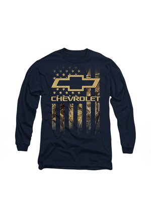 Navy long-sleeve shirt featuring a gold Chevrolet logo with an American flag design in a camouflage pattern, including stars and stripes detail.