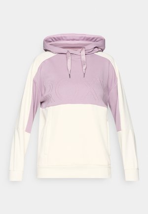 Sudadera con capucha que presenta una sección superior en lavanda y una sección inferior en crema, con "ROXY" bordado en la parte frontal. Tejido suave con un corte relajado.