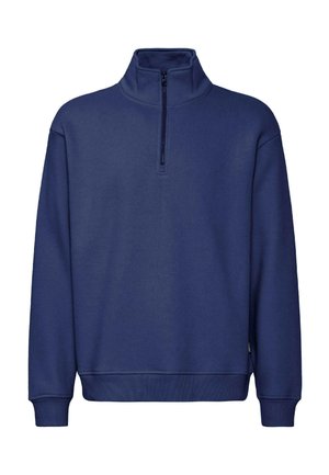 Marineblå hettegenser med halv glidelås i kragen, lange ermer, ribbestrikkede mansjetter og kant. Mykt stoff og et enkelt, klassisk design.