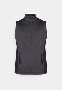 Melns bez piedurknēm vestes ar augstu apkakli, priekšējo rāvējslēdzēju un divām sānu kabatām ar rāvējslēdzējiem. Izgatavota no gludas, elastīgas materiāla ar kontrastējošām auduma malām.