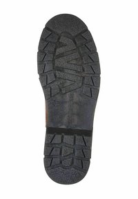 Semelle de botte en caoutchouc noir avec des motifs de traction profonds, surface texturée et zone de talon renforcée. Présente des rainures horizontales et diagonales pour une meilleure adhérence.