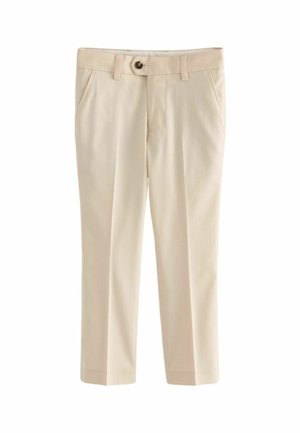 Pantalons beiges en tissu lisse avec une coupe droite, dotés de poches avant et d'une fermeture à bouton à la taille.