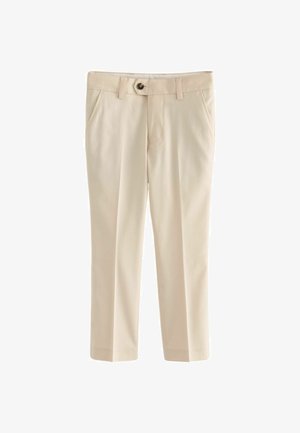 Beiget housut, jotka on valmistettu sileästä kankaasta ja joissa on suora lahje, etutaskut ja nappikiinnitys vyötäröllä.