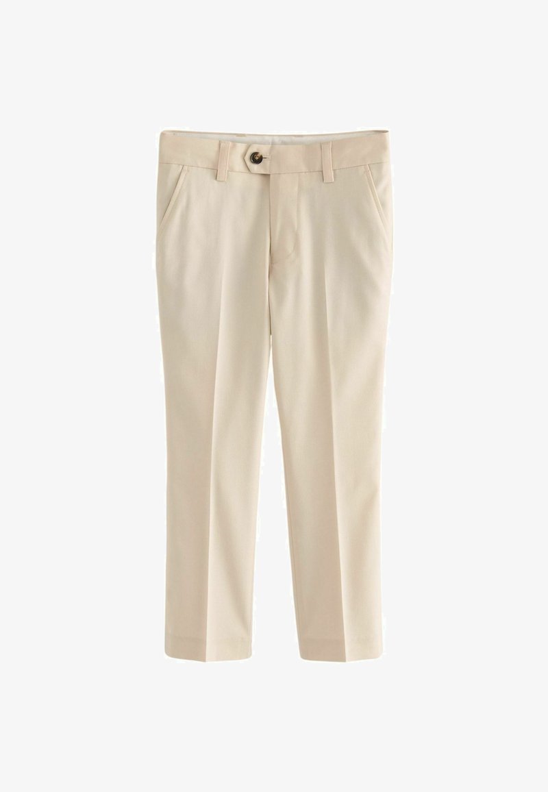 Pantalons beiges en tissu lisse avec une coupe droite, dotés de poches avant et d'une fermeture à bouton à la taille.