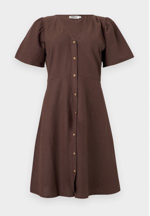 Brun kortermet knappestolpekjole med V-hals og lett puffete skuldre, knelang, laget av lett stoff.