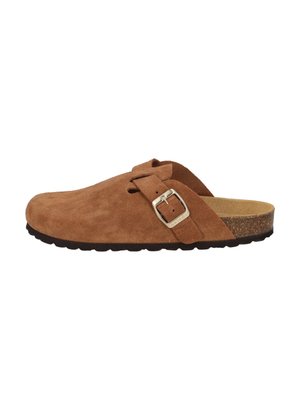 Zoccoli in suede marrone con una cinghia dotata di una fibbia argentata. Plantare in sughero e suola in gomma nera testurizzata. Design con apertura sul retro.