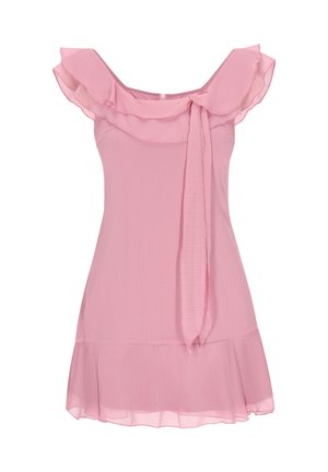Rosa Kleid mit Rüschenausschnitt und Bindedetail, aus leichtem Material gefertigt. Der ausgestellte Saum und die transparenten Akzente unterstreichen das Design.