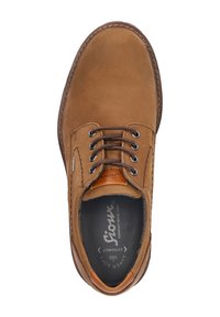 Scarpe casual in pelle marrone con lacci, punta arrotondata, occhielli in metallo e soletta nera con marchio.