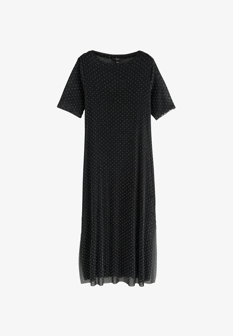 Schwarzes Kleid mit einem runden Ausschnitt und kurzen Ärmeln, aus strukturiertem Stoff mit weißen Punkten. Midi-Länge, lockere Passform.
