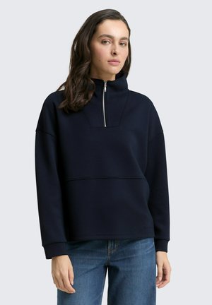 Navy pullover sweatshirt with a high collar and half-zip, featuring a ribbed texture and contrasting seam lines. Paired with blue jeans.