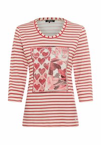 Red and white striped long-sleeve shirt featuring a graphic print with the word “LOVE” and heart patterns centered on the front.