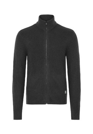 Temno siva pletena zip-up jopica z visokim ovratnikom, rebrasto teksturo in naravnimi rokavi. Ima polno dolžino zadrge in detajl z logotipom.