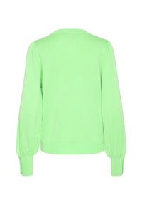 Pulover tricotat verde deschis, cu guler rotund, mâneci lungi tip balon și manșete cu nasturi. Textură netedă și design cu tiv ajustat.