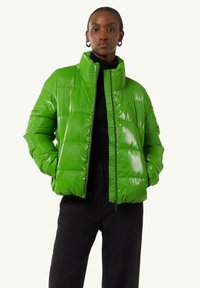 Groene pufferjas met glanzende afwerking, hoge kraag, horizontale stiksels en rits aan de voorkant. Dragen over een zwarte top en broek.