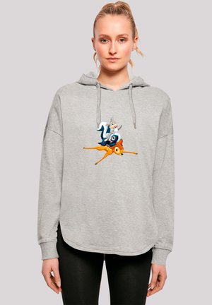 Gray hoodie with a loose fit, featuring an illustration of three cartoon animals on the front. Material appears soft and casual.