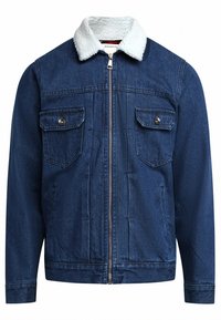 Veste en denim bleu foncé avec col en fourrure blanche, fermeture éclair à l'avant, deux poches poitrines à bouton et poches latérales.