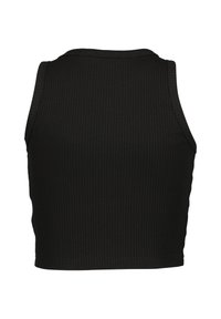 Top in cotone nero a coste con collo alto e senza maniche. Il tessuto è morbido, con una superficie testurizzata e una lunghezza cropped.