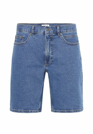 Jeans-shorts i mellomblått, med glidelås og knapp i front, fem lommer og rett kant. Falmet tekstur gir detaljer.