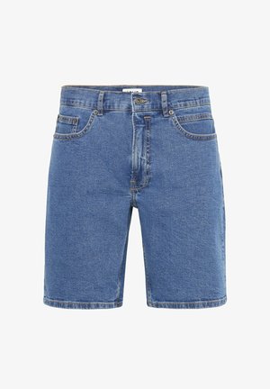 Középkék farmer rövidnadrág, elülső cipzárral és gombos záródással, öt zsebbel és egyenes szegéllyel. A megkopott textúra részletgazdag megjelenést kölcsönöz.