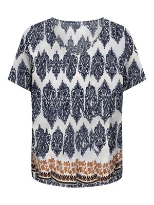 Wit T-shirt met korte mouwen en V-hals, voorzien van marineblauwe, ingewikkelde paisley-patronen en een bruine bladrandontwerp aan de zoom.