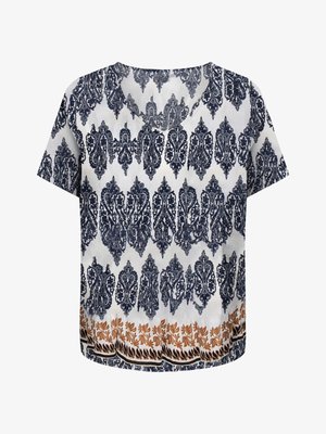 Wit T-shirt met korte mouwen en V-hals, voorzien van marineblauwe, ingewikkelde paisley-patronen en een bruine bladrandontwerp aan de zoom.