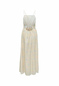 Robe maxi à imprimé floral en jaune clair avec des motifs bleus. Dispose de fines bretelles et d'un dos nu avec une taille froncée.