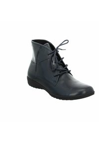 Botas de tobillo de cuero azul oscuro con una textura lisa, que cuentan con punta redondeada, cierre de cordones y una suela de goma baja.