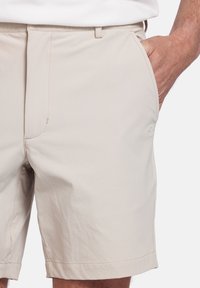 Beige shorts gemaakt van lichtgewicht stof, met schuin geplaatste zijzakken, een vlakke voorkant en een subtiele logo op de zoom.