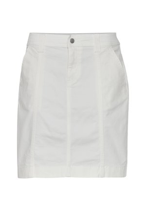 Vit bomull mini kjol med knappstängning, två sidofickor och vertikal sömdekor. Slät textur, avslappnad design.