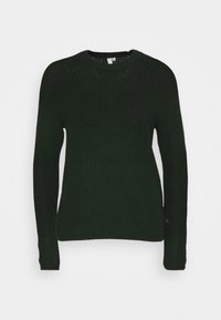 Maglione lavorato a maglia verde scuro con maniche lunghe, scollatura rotonda, texture a coste e orlo dritto. Presenta un logo discreto sul lato.