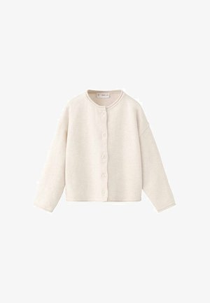 Cardigan crema con bottoni, maniche lunghe e scollo rotondo, mostrato disteso su uno sfondo bianco.