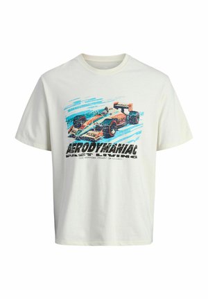Weißes Baumwoll-T-Shirt mit einem Grafikdruck eines Rennwagens in Blau- und Orangetönen sowie dem Text "AERODYNAMIK". Lockere Passform.