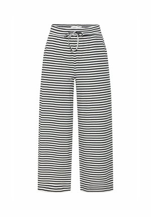 Black and white striped wide-leg pants with a drawstring waistband. The fabric appears soft and lightweight, featuring evenly spaced horizontal stripes.
