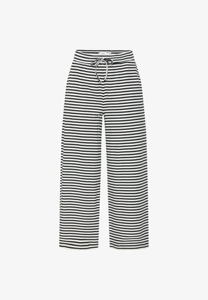 Black and white striped wide-leg pants with a drawstring waistband. The fabric appears soft and lightweight, featuring evenly spaced horizontal stripes.