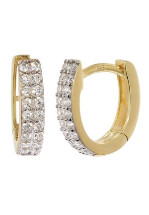 Gold hoop earrings with three rows of small sparkling clear gemstones on the front surface, featuring a hinged clasp closure.