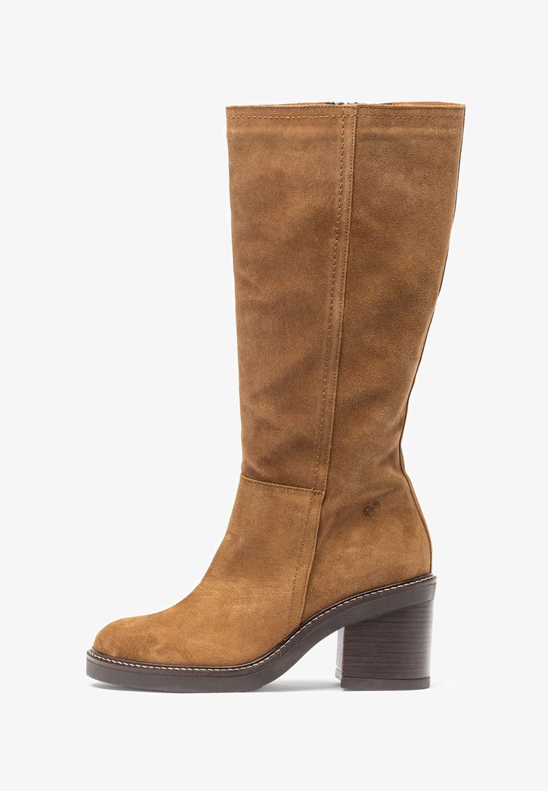 Brown suede knee-high boot with a rounded toe, stitched accents, and a chunky wooden heel. Zipper closure on the inner side.