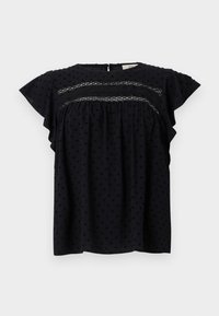 Navy blue top with short flutter sleeves, featuring a textured pattern and lace detail across the chest. Back neckline closure.
