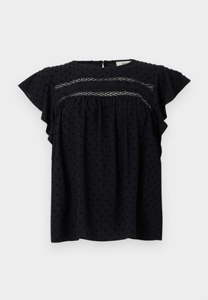 Granatowa bluzka z krótkimi falbaniastymi rękawami, z teksturowanym wzorem i koronkowym detalem na piersi. Zapięcie z tyłu przy dekolcie.