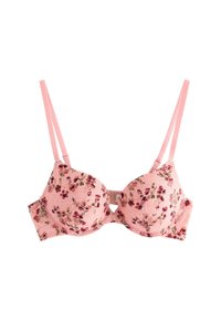 Reggiseno in pizzo floreale rosa chiaro con ferretto, coppe imbottite e spalline regolabili. Presenta un delicato motivo floreale e una chiusura anteriore.