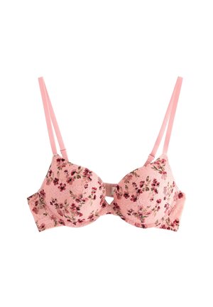 Lyserød blomster-lace bh med underwire, polstrede kopper og justerbare stropper. Har et delikat blomstermønster og en lukning foran.