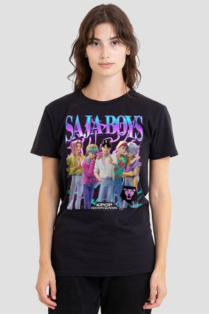 Young woman wearing black T-shirt with colorful animated male characters and large text "SAJA BOYS" and "K-POP DEMON HUNTERS" on front.