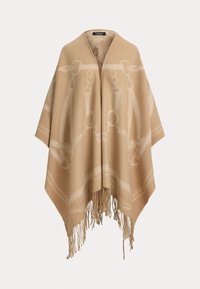 Poncho in lana beige con un motivo geometrico, design a V e bordi frangiati. Texture morbida con accenti decorativi su tutta la superficie.