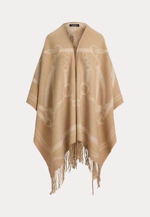 Bezses gyapjú poncsó geometrikus mintával, V-nyakkivágással és rojtos szélekkel. Puha tapintású, díszítő elemekkel az egész felületen.