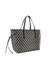 Borsa a tracolla in bianco e nero, con un motivo floreale. Realizzata in materiale sintetico con due manici neri e dettagli con cordoncino.