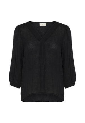 Zwarte, lichtgewicht blouse met een V-hals, driekwart mouwen en geplooide details. Zachte textuur met een ontspannen, vloeiende pasvorm.