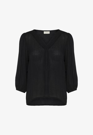 Czarna, lekka bluzka z dekoltem w serek, rękawami o długości trzech kwart i plisowanymi detalami. Miękka tekstura i luźny, swobodny krój.