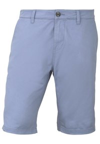 Pantaloni corti azzurri realizzati in tessuto misto cotone, dotati di chiusura con bottone, passanti per cintura e orli arrotolati con una texture liscia.