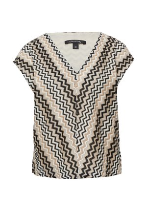 Short-sleeve shirt featuring a V-neck and a zigzag pattern in beige, black, and white. Made from a lightweight fabric. Size 36.